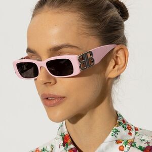 NEW Balenciaga  BB0096S 012 Pink Silver Logo Grey Rectangle Unisex Sunglasses
